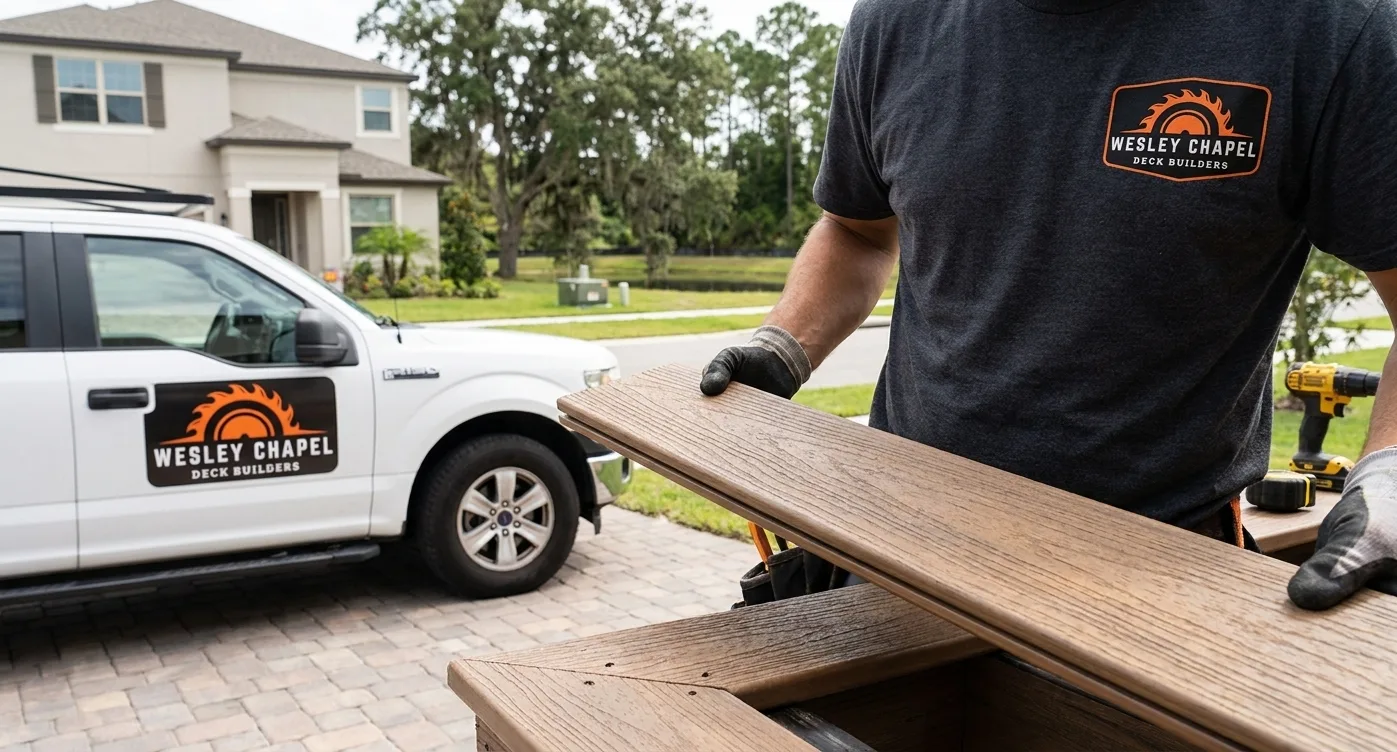 Wesley Chapel Deck Builders branded work truck at a job site