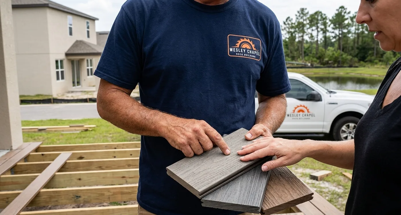 Wesley Chapel deck builder showing composite decking material samples to a homeowner