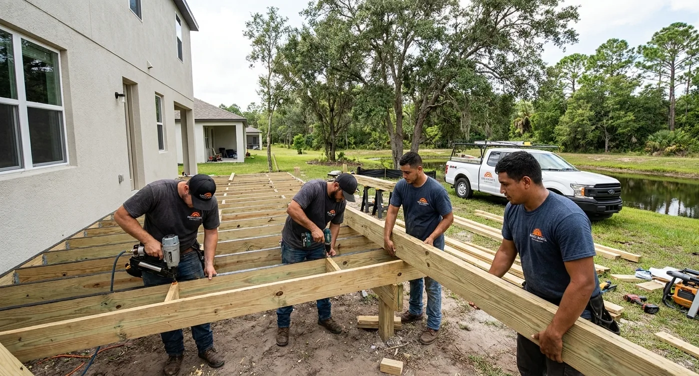 Wesley Chapel Deck Builders crew building a deck frame