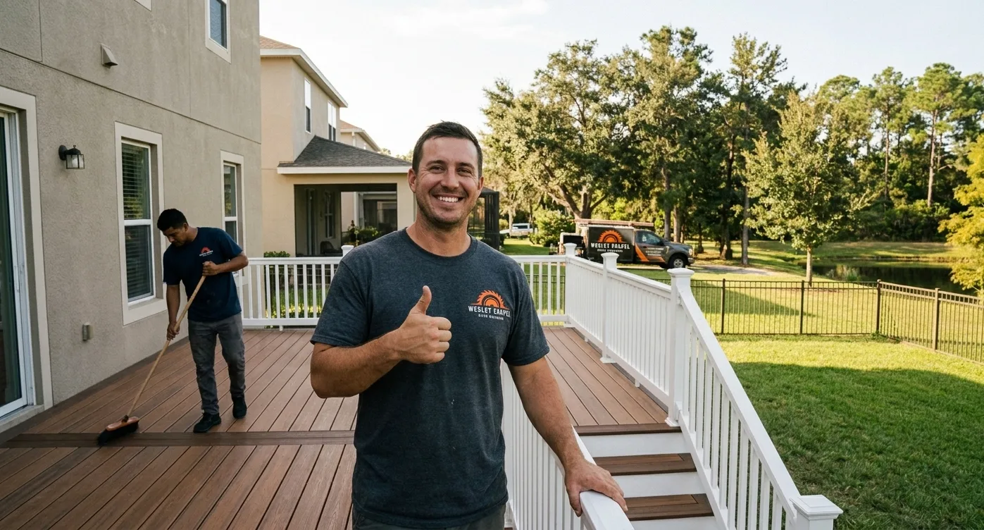 Wesley Chapel Deck Builders contractor giving a thumbs up on a finished composite deck