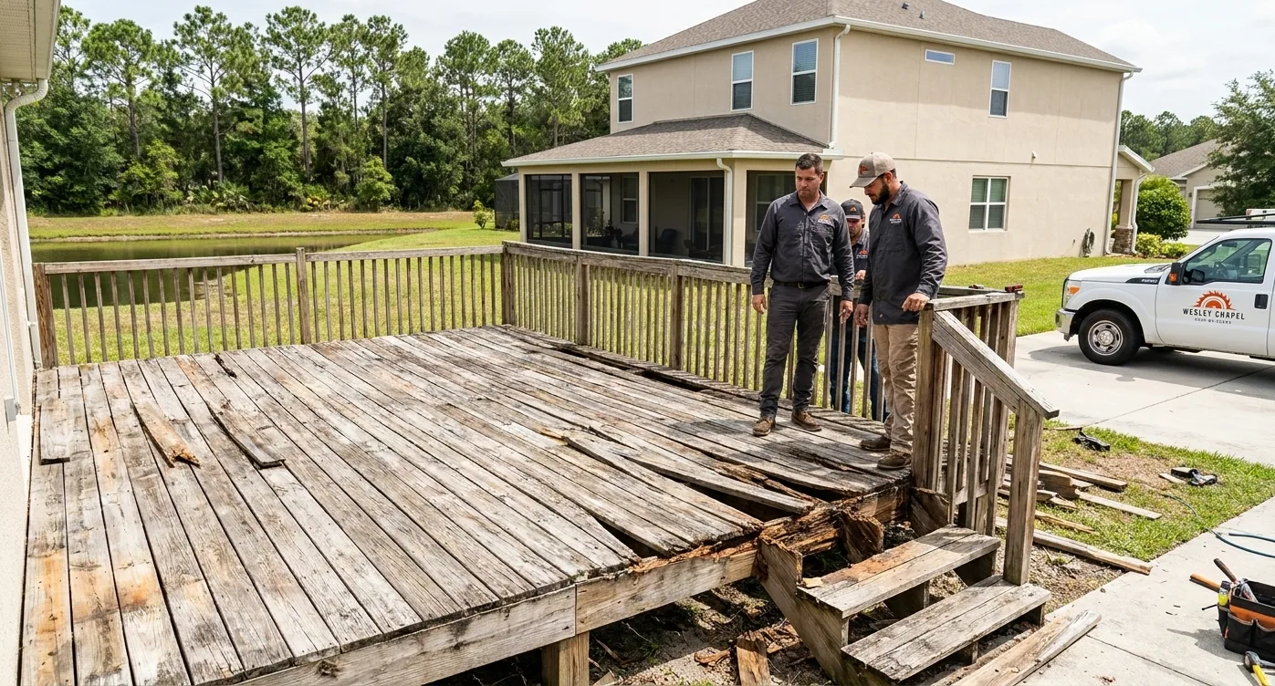 Old weathered wood deck in Wesley Chapel in need of repair, staining and sealing