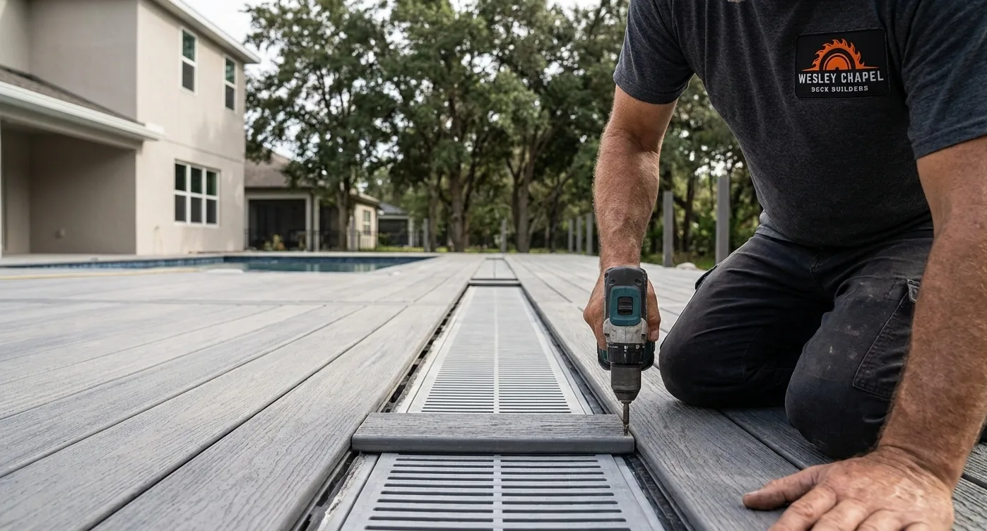 Slip-resistant composite pool deck with proper drainage detail in Wesley Chapel